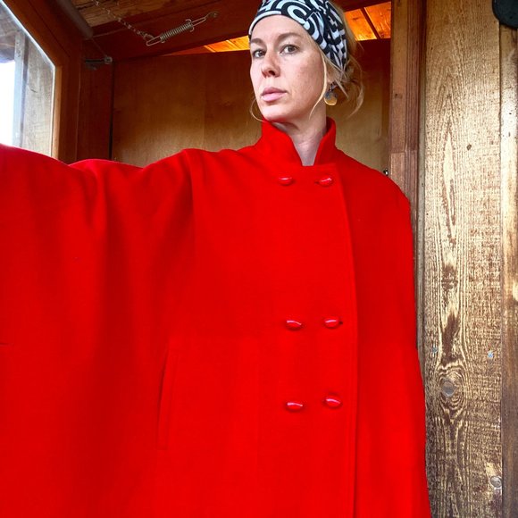 M. Liman Penguin Red Wool Cape Poncho Coat - Picture 1 of 14